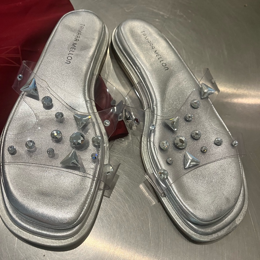 Silver Embellished Sandals by Tamara Mellon